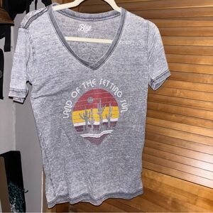 Blue 84 Gray V-Neck Tee with Sunset Graphic